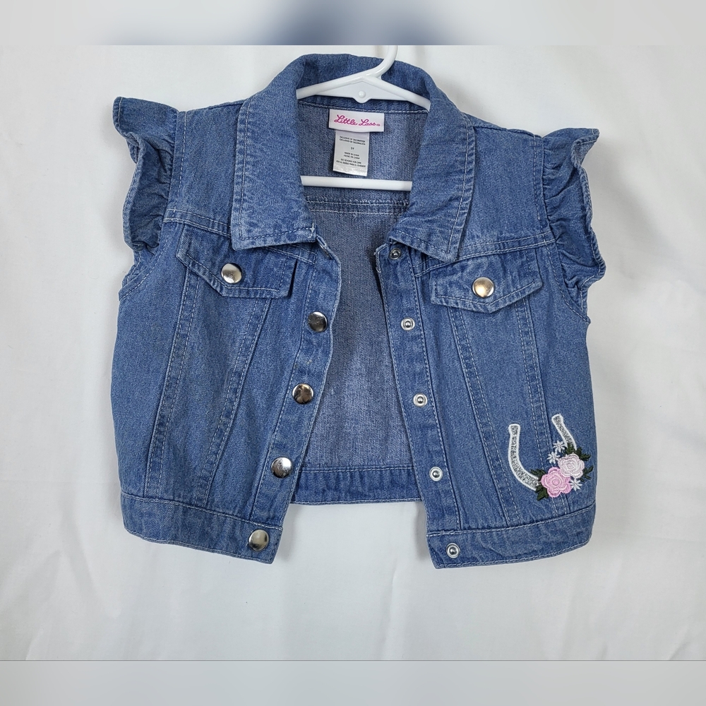 Little Lass Girls Denim Pink Embroidered Horseshoe & Flower Accents Vest Size 5Y